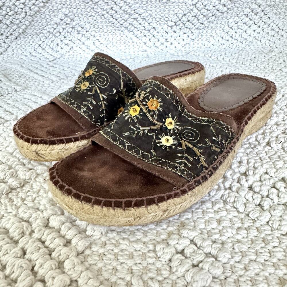 BASS Women's Brown Slip On Sandals Size: 5.5 M Beaded Strap Rope Side Soles